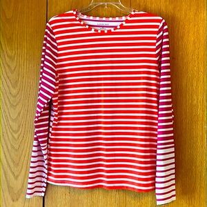 Lands’ End Women Striped LS Surf Rash Guard Pink Orange White Medium 10-12 EUC